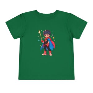 Toddler short sleeve tee with a superhero design on a green background