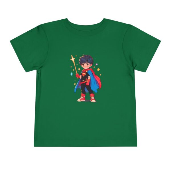 Toddler short sleeve tee with a superhero design on a green background