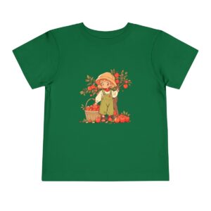 Green toddler short sleeve tee with a cute apple picking design