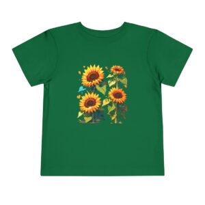 Green toddler short sleeve tee with a cute sunflowers illustration