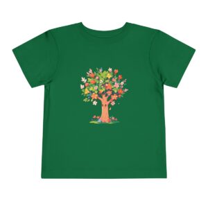 Green toddler short sleeve tee with a cute happy tree illustration