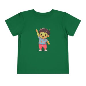 Green toddler short sleeve tee with a cute smiling fig character design