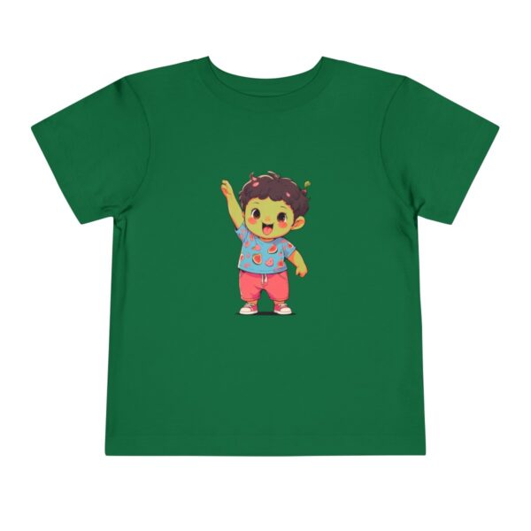 Green toddler short sleeve tee with a cute smiling fig character design