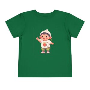 Green toddler short sleeve tee with a cute smiling fig character design