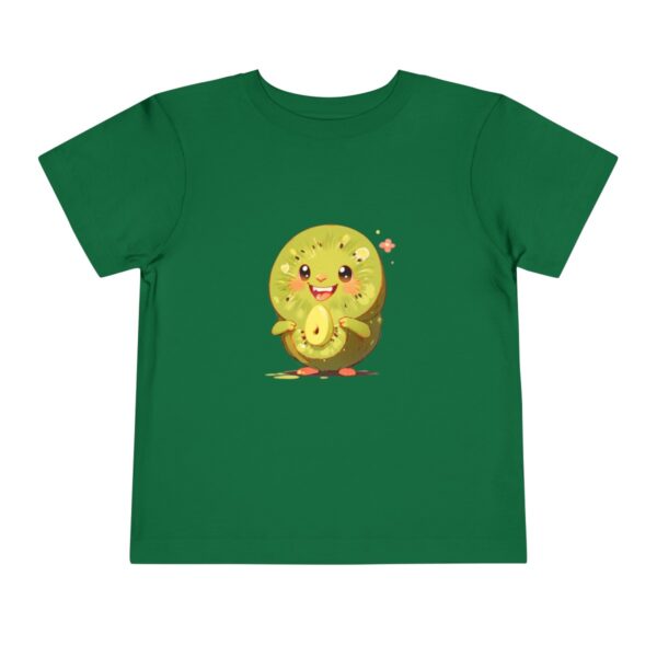 Green toddler short sleeve tee with a cute smiling kiwi slice character design