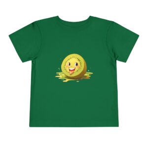 Green toddler short sleeve tee with a cute smiling kiwi slice illustration