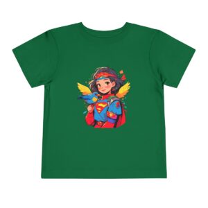 Toddler short sleeve tee with a superhero girl design on a green background