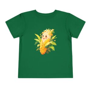 Green toddler short sleeve tee with a cute smiling corn character design