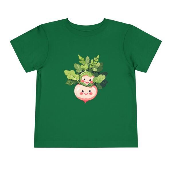 Green toddler short sleeve tee with a cute smiling radish character design