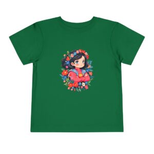 Green toddler short sleeve tee with a cute superheroine illustration surrounded by flowers