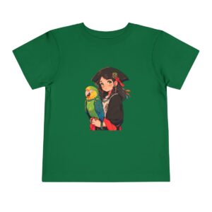 Toddler short sleeve tee with a pirate girl and parrot design on a green background