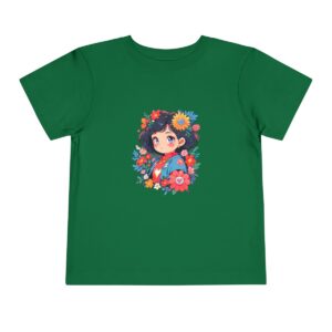 Green toddler short sleeve tee with a cute superheroine illustration surrounded by flowers