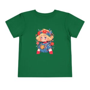 Green toddler short sleeve tee with a cute superheroine illustration featuring flowers