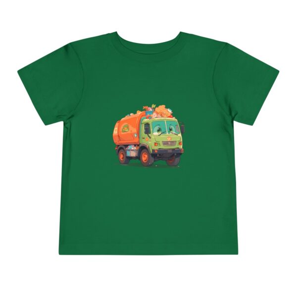 Green toddler T-shirt with a garbage truck design and a worker illustration