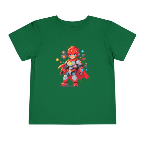 Green toddler short sleeve tee with a cute superhero in a robotic suit design