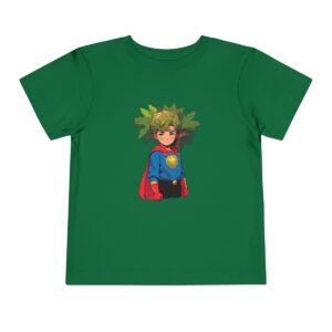 Green toddler short sleeve tee with a cute superhero character with leaf hair design