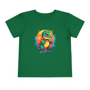 Green toddler short sleeve tee with a cute superhero dinosaur character design