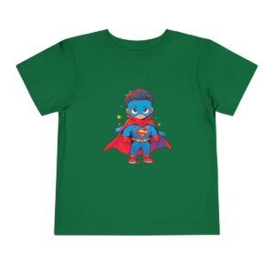 Green toddler short sleeve tee with a cute superhero illustration featuring a child in a cape and mask