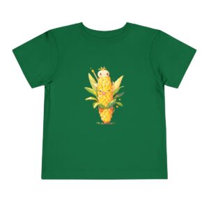 Green toddler short sleeve tee with a cute corn character design