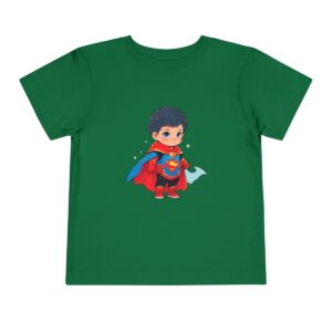 Green toddler short sleeve tee with a cute superhero illustration featuring a child in a cape