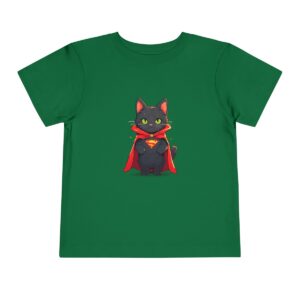 Green toddler short sleeve tee with a cute black superhero cat illustration wearing a cape