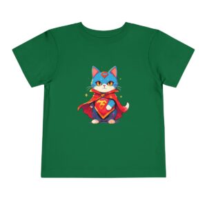 Green toddler short sleeve tee with a cute superhero cat illustration wearing a cape