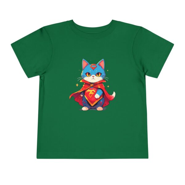 Green toddler short sleeve tee with a cute superhero cat illustration wearing a cape