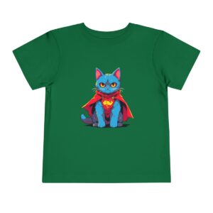 Green toddler short sleeve tee with a vibrant superhero cat illustration wearing a cape