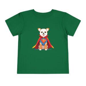 Green toddler short sleeve tee with a vibrant superhero dog illustration wearing a cape