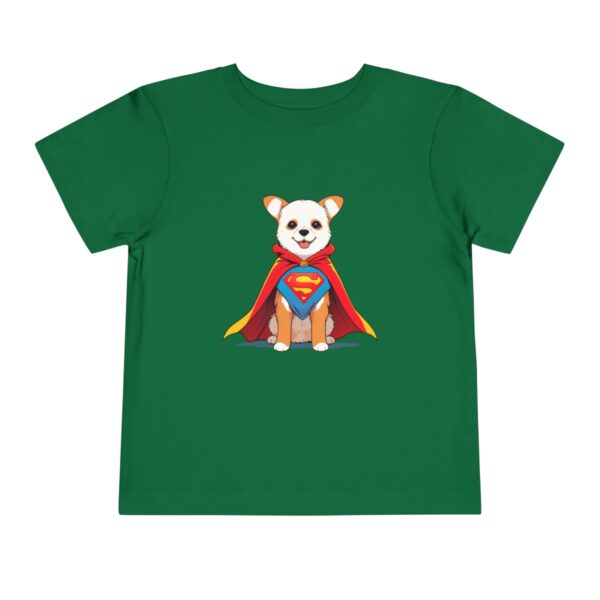 Green toddler short sleeve tee with a vibrant superhero dog illustration wearing a cape