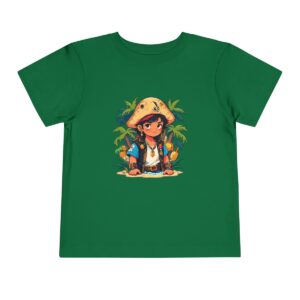 Toddler short sleeve tee with a pirate island design on a green background