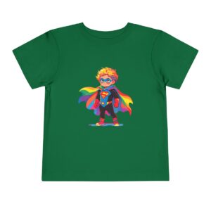 Green toddler short sleeve tee with a vibrant superhero kid illustration wearing a cape