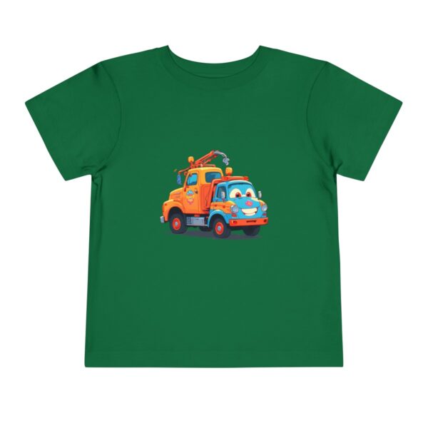 Green toddler short sleeve tee with colorful tow truck illustration