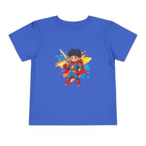 Blue toddler short sleeve tee with cute superhero boy and sword illustration