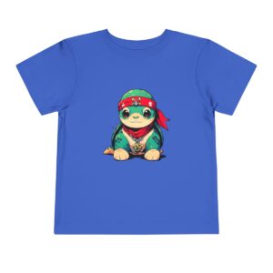 Toddler short sleeve tee with a pirate sea turtle design on a bright blue background