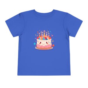 Blue toddler short sleeve tee with birthday cake and lit candles illustration