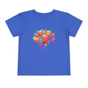 Blue toddler short sleeve tee with colorful smiley face balloons illustration