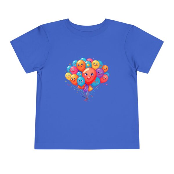 Blue toddler short sleeve tee with colorful smiley face balloons illustration