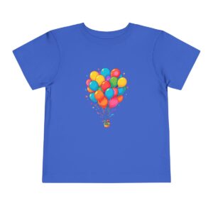 Blue toddler short sleeve tee with colorful balloons and tiny basket illustration