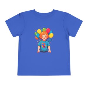 Blue toddler short sleeve tee with smiling boy and colorful balloons illustration