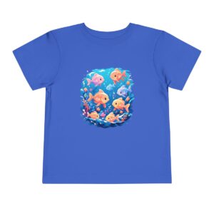 Blue toddler short sleeve tee with a vibrant summer ocean scene featuring colorful fish