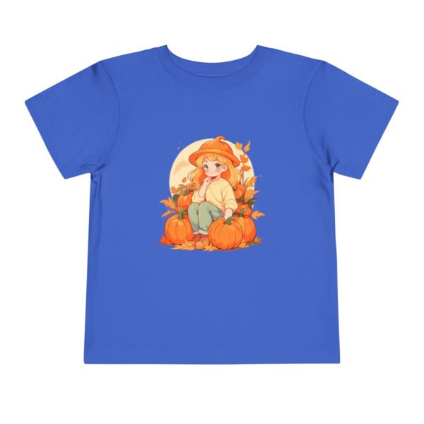 Blue toddler short sleeve tee with a fall scene illustration featuring a child with pumpkins