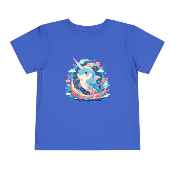 Blue toddler short sleeve tee with a cute narwhal illustration