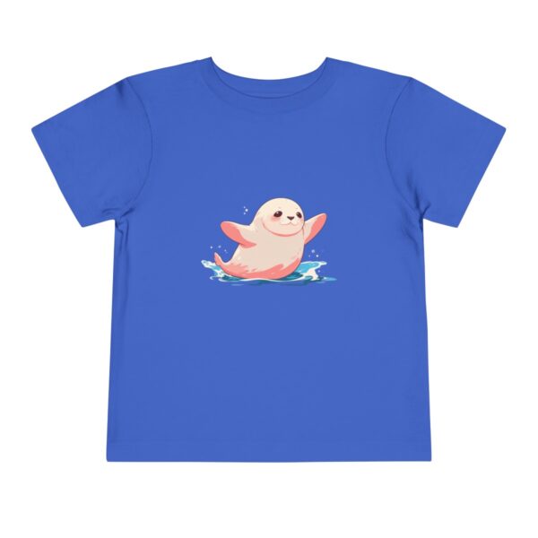 Blue toddler short sleeve tee with a cute pink seal illustration