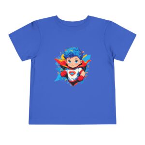 Toddler short sleeve tee with a superhero design on a bright blue background