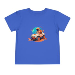 Blue toddler T-shirt with a cute astronaut driving a rover graphic