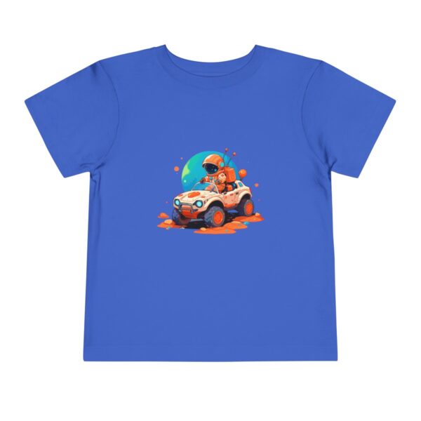 Blue toddler T-shirt with a cute astronaut driving a rover graphic