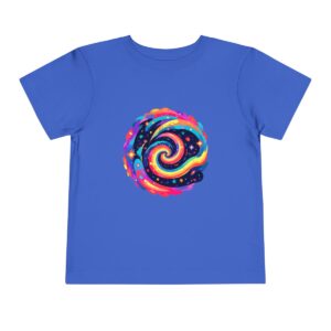 Blue toddler T-shirt with a colorful galaxy swirl graphic