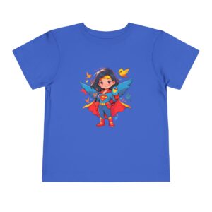 Toddler short sleeve tee with a superhero girl design on a royal blue background