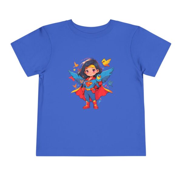 Toddler short sleeve tee with a superhero girl design on a royal blue background